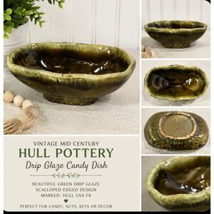 Vtg Mid Century Green Drip Hull Pottery Scalloped Edged Candy Dish F8